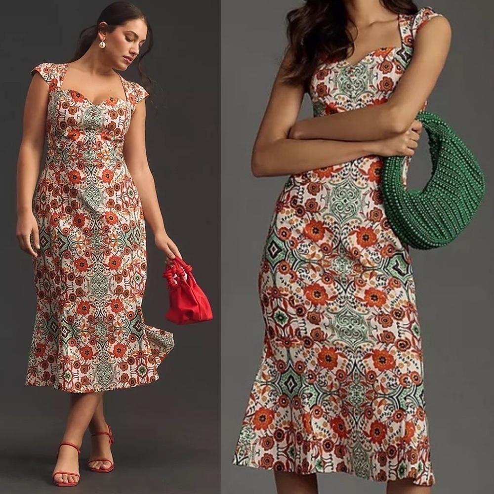 NEW! Anthropologie- The Cecily Sweetheart Dress Women’s Size M Orange Motif
